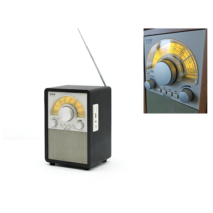 Ретро радио ANGMAD от дърво, черно, Bluetooth, FM/AM/SW, MP3 USB TF, AUX, TWS, USB-C, батерия 1800mAh, 13.5x12.5x22.5 см