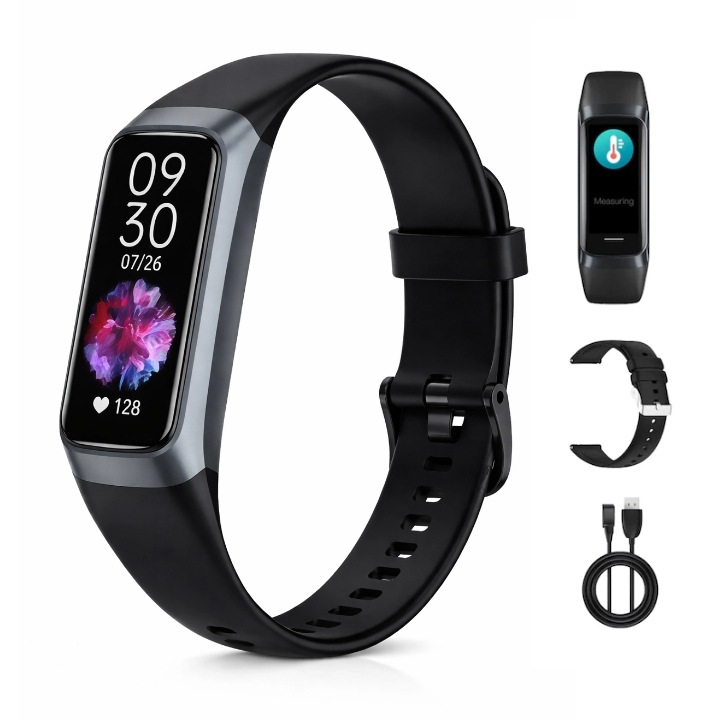 Bratara inteligenta sport 2-in-1, notificari apeluri si mesaje, ecran LED de 1, 1 inci, monitorizare ritm cardiac, oxigen din sange, temperatura corporala, monitorizare somn, tensiune arteriala, pedometru, rezistenta la apa si praf IP68, Negru