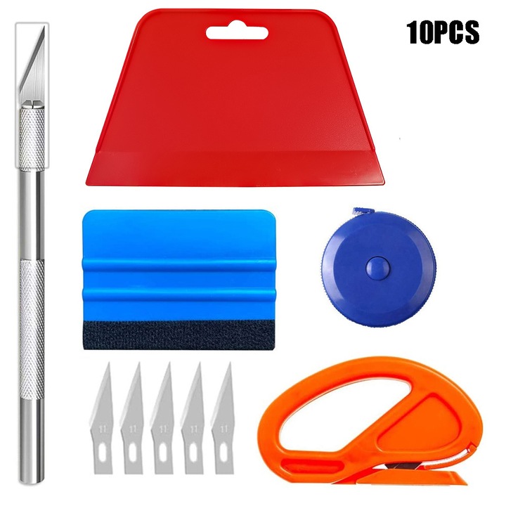 10 darabos autófólia szerszámkészlet - Kétoldalas spatulák és alumínium kések fólia felszereléséhez és faragásához