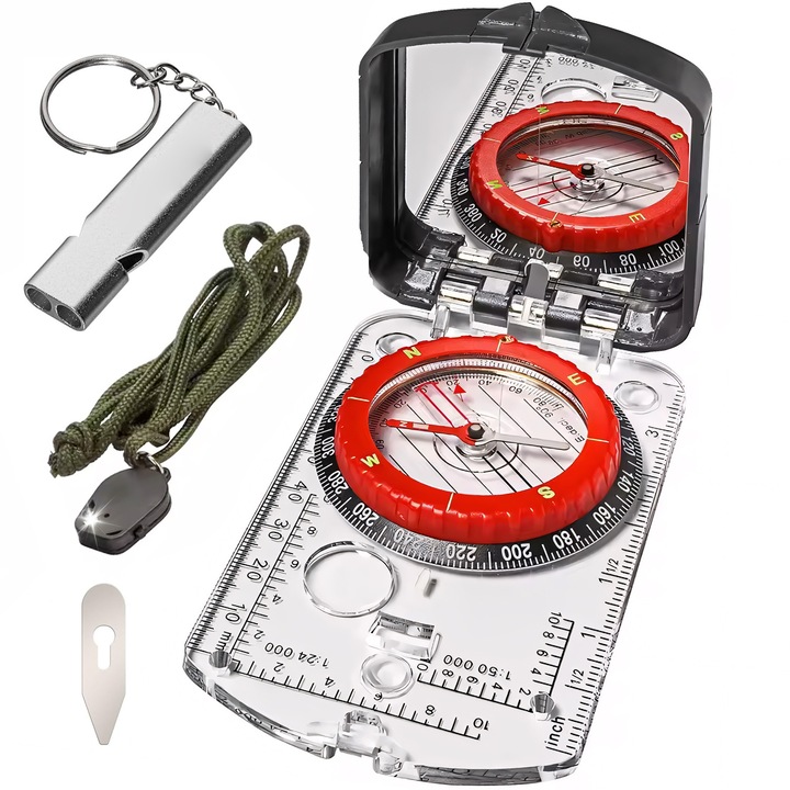 Busola, BYONDSELF®, Hordozható, Monokulár, Túlélő síp, Aránymérő, Nagyító, Lejtésmérő, Vízálló, Nagy Pontosságú, Kempingezéshez és Túrázáshoz, Fekete