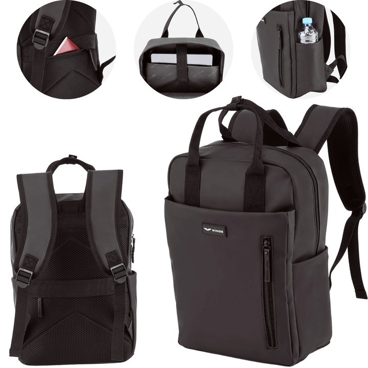 Wings Trogon Modern Fekete 14L Hátizsák Vízálló Anyaggal, Dedikált Laptop Zsebbel 15,6", Elülső Zsebbel, Palacktartóval és Rejtett Zsebbel Értéktárgyaknak