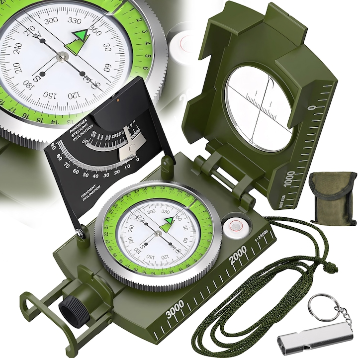 Busola Militara, BYONDSELF®, cu Fluier Supravietuire, Luneta Pliabila, Nivela, Clinometru, Material Metalic, Portabila, pentru Camping, Vanatoare, Drumetii, Verde