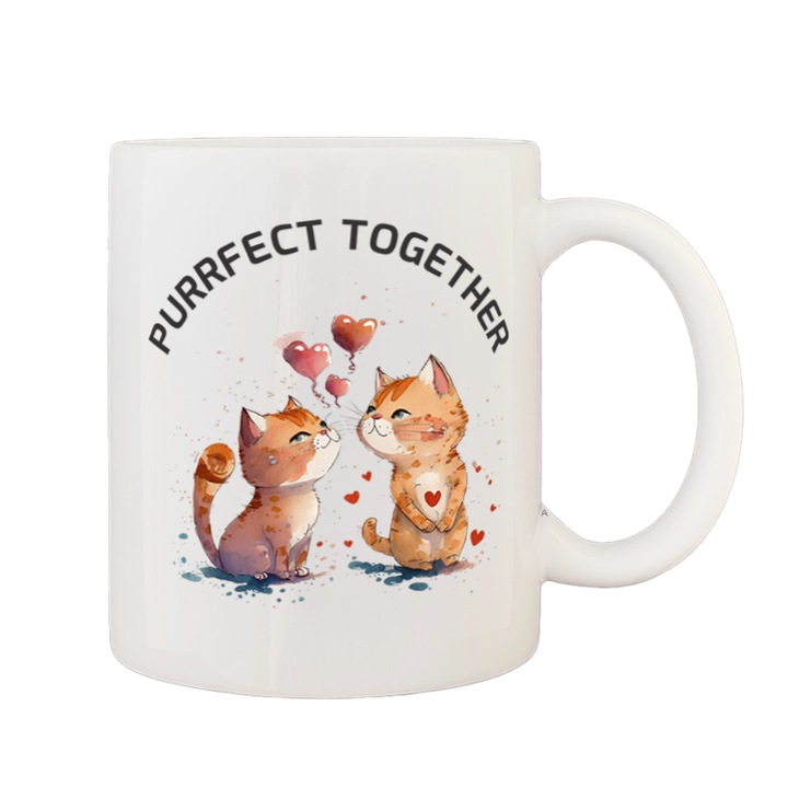 Cana alba personalizata, interior si maner alb, 350ml, Colectia Valentine's Day, Purrfect Together Model 1