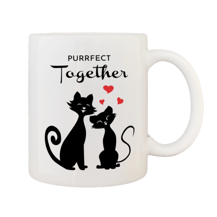 Cana alba personalizata, interior si maner alb, 350ml, Colectia Valentine's Day, Purrfect Together Model 2
