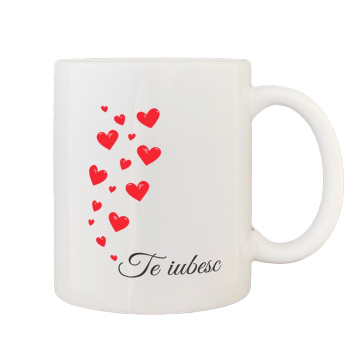Cana alba personalizata, interior si maner alb, 350ml, Colectia Valentine's Day, Te iubesc Model 2