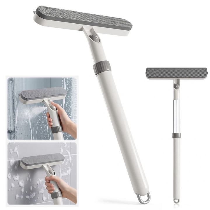 Curatator de geamuri extensibil 4 in 1 cu functie de apasare pentru eliberare, Ultrixe, cap de perie si racleta pentru geamuri, gri