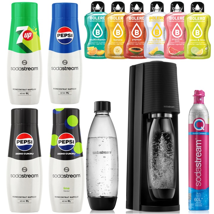 SODASTREAM TERRA SATURATOR CARTRIDGE BOTTLE + 4x sirop BOLERO si pliculete