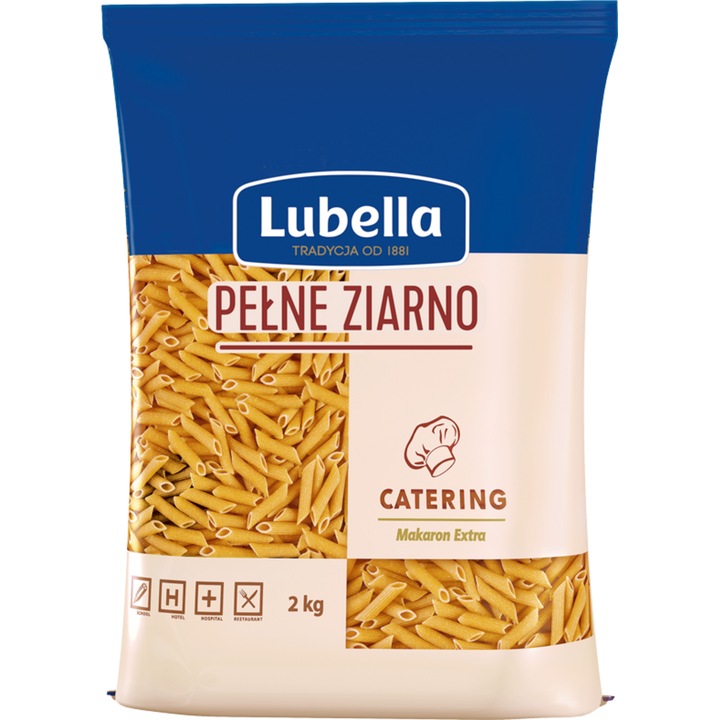 Pasta Penne, Lubella, 2 kg, din faina integrala, fara oua, contine soia