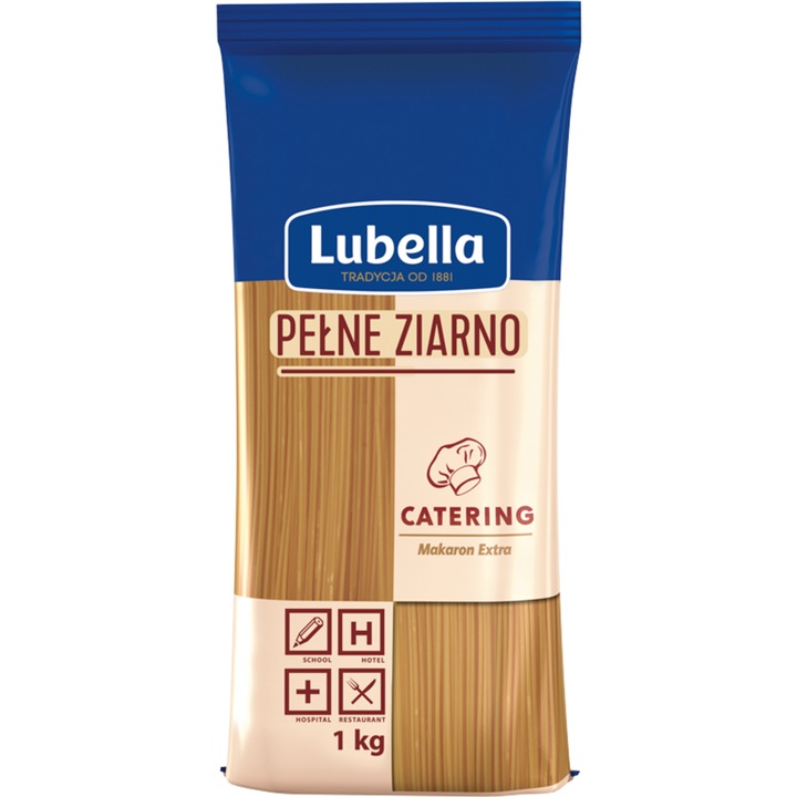 Paste fainoase Lubella Spaghetti din faina integrala 1 kg, fara oua, 16g proteine, 3,3g grasimi
