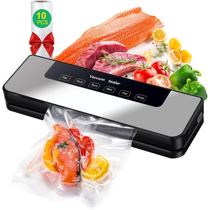 Aparat de Vidat 5 in 1, 65KPA, Sigilator Automatic Negru, Include 30 Saci, 30x11x5, 5cm