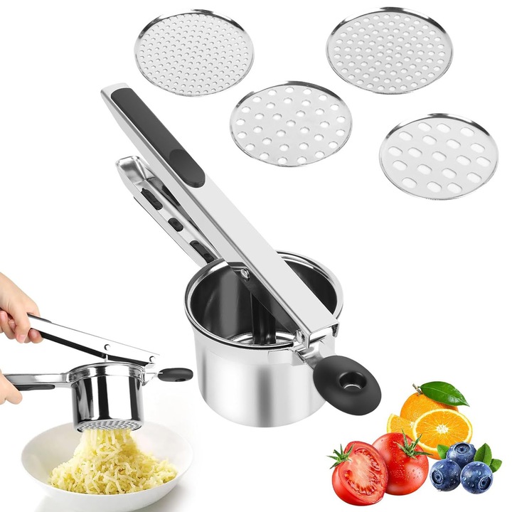 Presa pentru cartofi cu 4 site interschimbabile, Bedee, Maner antiderapant, din inox, pentru Piure Pufos, Terci de Legume, Taitei, Sucuri de Fructe si alte Retete Gourmet, Argintiu