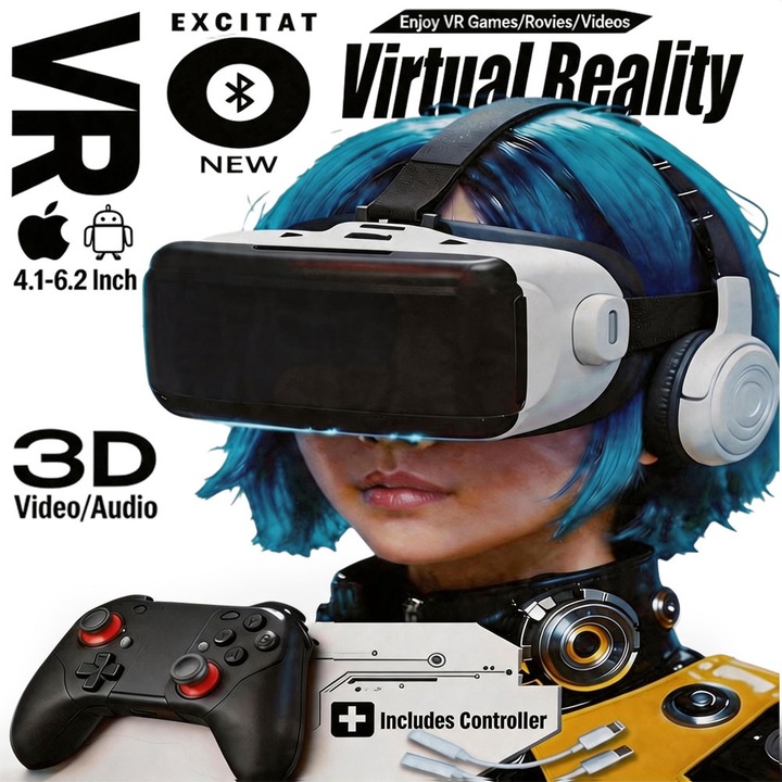 Ochelari VR 3D, Excitat®, Realitate Virtuala, Compatibili cu Smartphone-uri iOS si Android(4.7-6.2 Inch), TCasti Bluetooth de realitate virtuala, cu Gamepad, Calitate premium, 3D Filme, Jocuri, Reglabil, Ochelari VR pentru Copii si Adulti, Alb