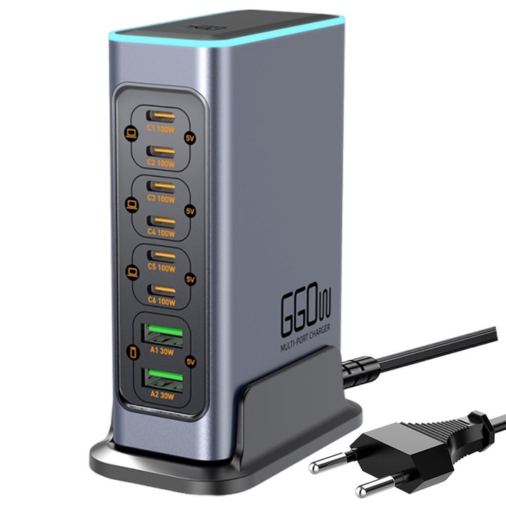Настолна зарядна станция WLX-F8L 8 порта (6xUSB-C 100W + 2xUSB-A 30W), обща мощност 660W, GaN технология, стабилна U-образна основа, 5 цвята амбиентна светлина, множество защити, за лаптоп, телефон, таблет, за дома и офиса