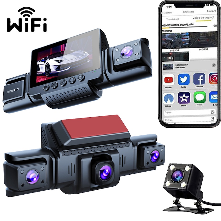 VeniSymlis® Camera auto quad 360° cu 4 lentile, inregistrare panoramica Full HD 1080P, unghi larg 170° fata, camere laterale reglabile 180°, vedere nocturna, senzor G, parcare monitorizata 24h, inregistrare in bucla, suport card, negru