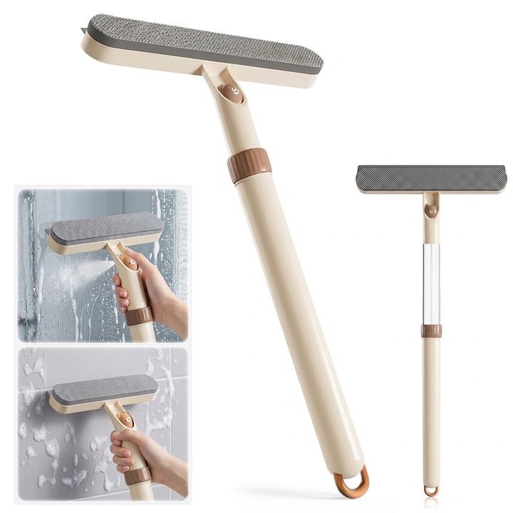 Curatator de geamuri extensibil 4 in 1 cu functie de apasare pentru eliberare, Ultrixe, cap de perie si racleta pentru geamuri, Kaki