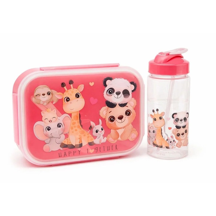 Кутия за обяд Детска 18x13x5 см, Кутия за обяд с 3 отделения, Прибори за хранене с бутилка 17 см