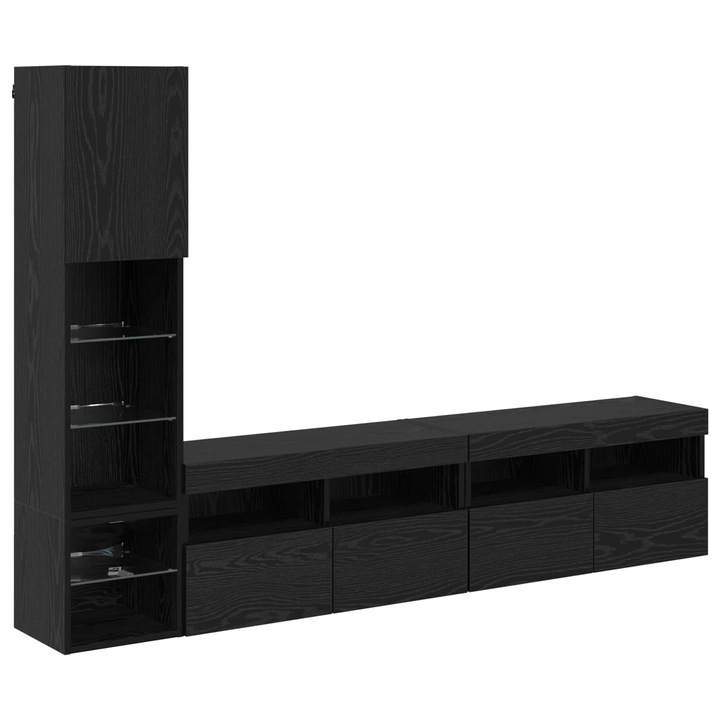 Unitate TV de Perete cu led 4 pcs, Stejar vidaXL, Negru Lemn compozit