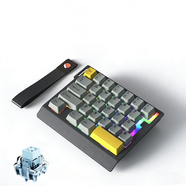 VeniSymlis® Tastatura mecanica cu o singura mana, model AK029, tastatura cu fir, configuratie cu 29 de taste, efect de iluminare RGB, rata de revenire de 8000Hz, anulare sonora la nivel HIFI, tastatura de gaming negru si galben