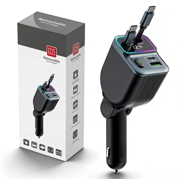 VeniSymlis® Incarcator rapid auto cu incarcare rapida sase in unu, cablu de 1, 5 metri lungime, putere mare de 150W care poate incarca 6 dispozitive simultan, 3 interfete Type-C, 3 porturi USB-A, suporta incarcare rapida SCP, FCP, AFC, QC2.0, QC3.0, PD3.0