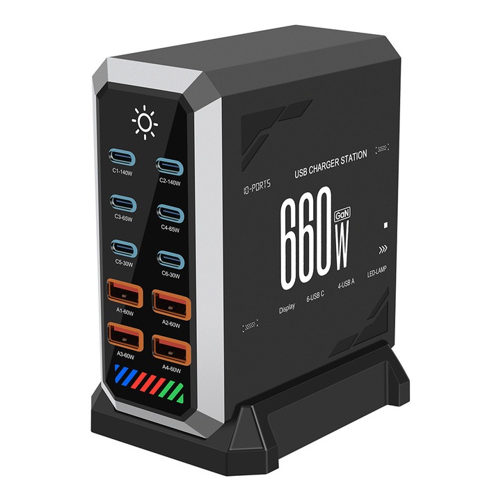 GaN зарядна станция 10-в-1 660W, 10 порта (6 USB-C + 4 USB-A), обща мощност 660W, GaN III технология, множество защити, за лаптоп, таблет, телефон, часовник, слушалки, Nintendo Switch, дом, офис, пътувания
