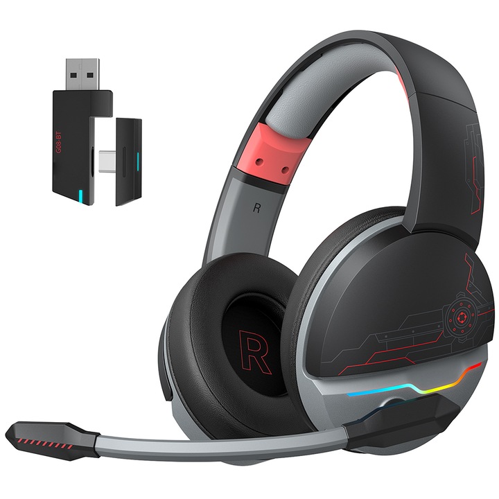 VeniSymlis® Casti gaming wireless NUBWO G08-BT, conexiune 2.4GHz + Bluetooth, baterie 1200mAh, autonomie 34h, microfon cu dezactivare, compatibile PC, PS4, PS5, negru