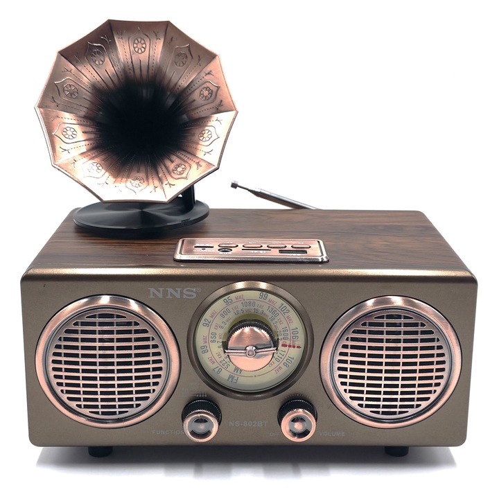 Radio Rovolt NS-802 BT, Design Retro, Bluetooth, Radio AM/FM/SW cu sunet puternic, player USB/TF, functie TWS si baterie reincarcabila 2400 mAh