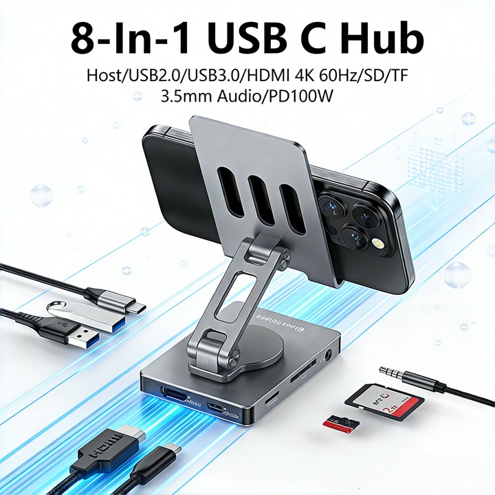 Hub USB-C Docking Station 8 in 1 MOSMAOO® cu Suport Laptop Reglabil si Rotativ 360°, Inaltime Ajustabila, Porturi 4K HDMI@60Hz, USB 3.0 (5Gbps), SD/TF, PD 100W, Compatibil cu Laptop, MacBook, Steam Deck, Switch