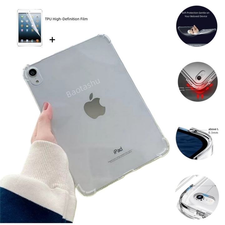 Husa de protectie pentru tableta, compatibila cu iPad-urile din generatiile a 10-a si a 11-a, cu perne de aer in colturi pentru protectie impotriva caderilor, carcasa transparenta din TPU