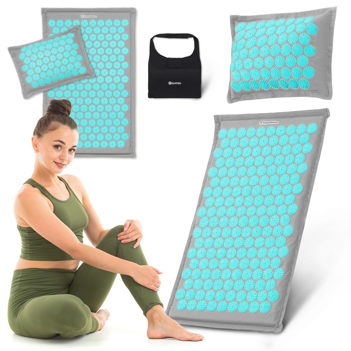Set saltea de acupresura HyperMotion ECO 68x42cm, perna din hrisca, gri-menta