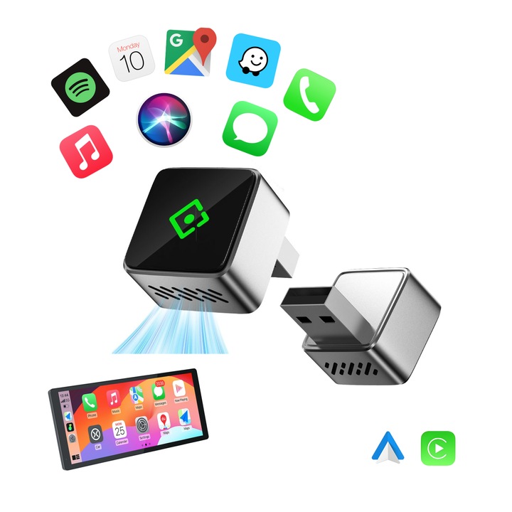 Adaptor Wireless 2in1 BIZAIMO, CarPlay & Android Auto, Dual Core, Argintiu, 3x3cm