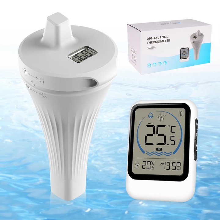 Безжичен термометър за басейн, Bedee, цифров LCD плаващ, 60м обхват, със сензор и стойка, от -40 °C до +70 °C, свързване на до 3 термометъра за басейн, Може да измерва и вътрешна температура, Бял