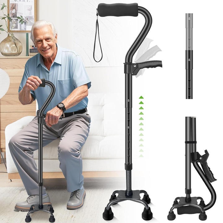 Bot manerrel, Bedee, Dupla fogantyús kialakítás, 8 fokozatú magasságállítás, 76.5-95 cm, Könnyű és összecsukható, Ergonomikus fogantyú, Csúszásmentes gumitalp, Fekete