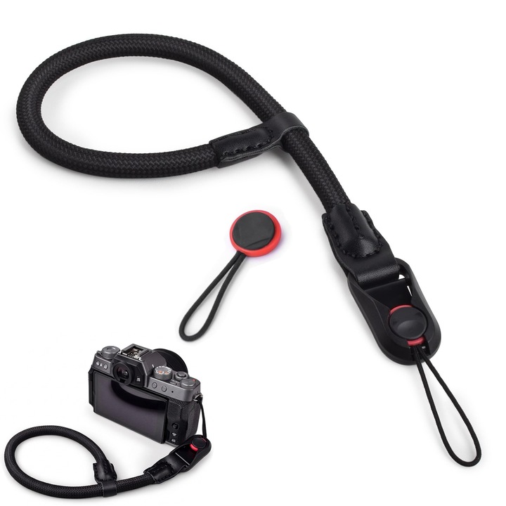 Каишка за ръка за фотоапарат, бързо освобождаване, Каишка за DSLR фотоапарат с бързо освобождаване, 1x каишка за ръка, 2x въжета за издърпване, Съвместима с Canon/Fujifilm/Nikon, Черна