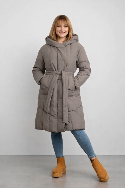 Kathy hosszú steppelt kabát övvel a derékban - Barna, Kávébarna