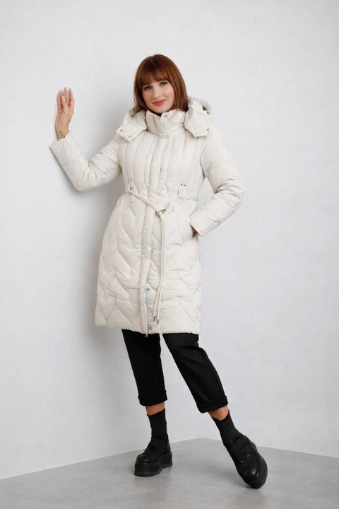 Geaca lunga matlasata Ashley cu gluga detasabila si snur in talie - Ivoire, Ivoire