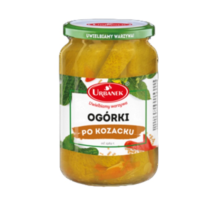 Borcan de castraveti 680g/350g, cu mustar 8%, paprika rosie