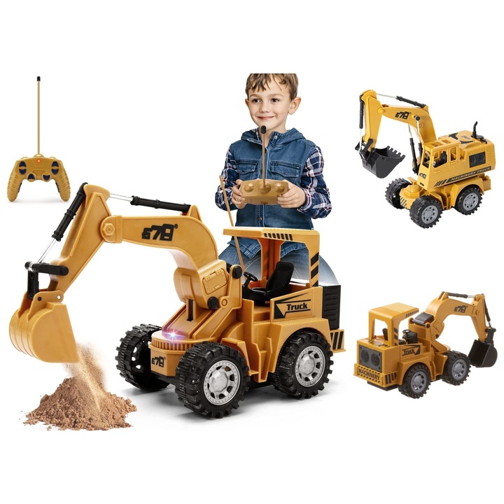 Интерактивен багер с дистанционно управление ANGMAD 1:18, LED светлини, жълт, 14.5x10.5x26 см, 3 години+