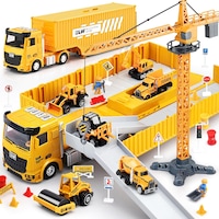 Set utilaje de constructie de jucarie, Excitat®, Kit vehicul de inginerie din aliaj cu turn de macara, Turn macara, 6 vehicul de inginerie, 44 de piese, 2 minifigurine, jucarii pentru baieti, Gri/Galben