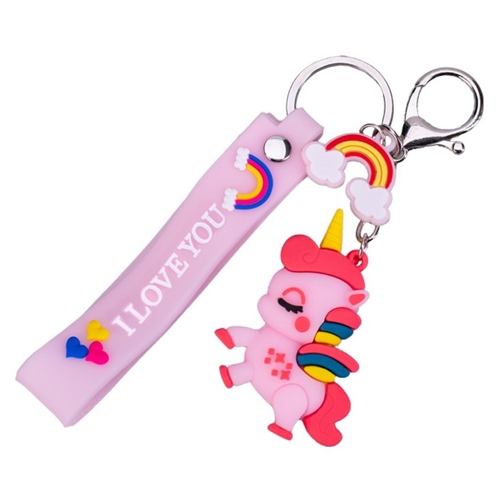 Breloc unicorn, Avaleea, roz, silicon, detalii colorate