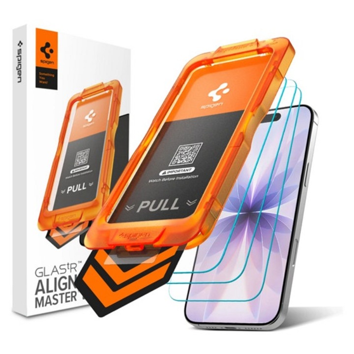 Spigen glass tr alignmaster s képernyővédő üveg 3db, 2.5d, tokbarát, 9h + segédkeret, átlátszó, kompatibilis: Apple iPhone 17