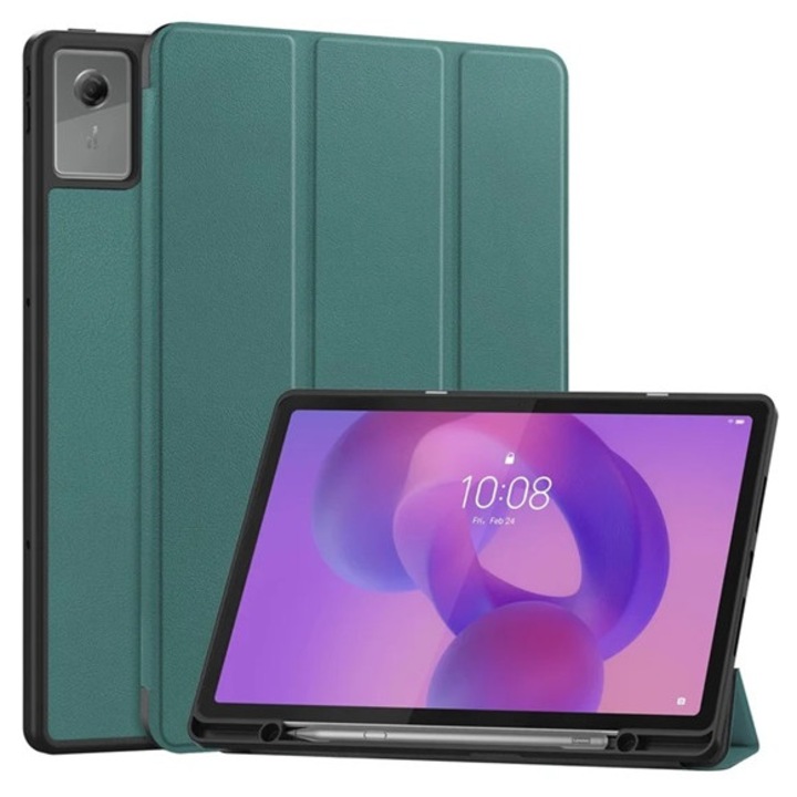 Gigapack tabletvédő álló, bőr hatású, aktív flip, oldalra nyíló, trifold, asztali tartó, ceruza tartó, sötétzöld, kompatibilis: Lenovo Idea Tab Plus, TB361FU