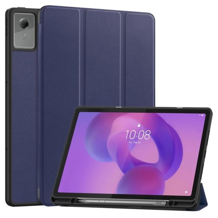 Gigapack tabletvédő álló, bőr hatású, aktív flip, oldalra nyíló, trifold, asztali tartó, ceruza tartó, sötétkék, kompatibilis: Lenovo Idea Tab Plus, TB361FU