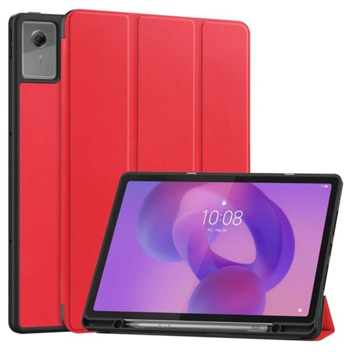Gigapack tabletvédő álló, bőr hatású, aktív flip, oldalra nyíló, trifold, asztali tartó, ceruza tartó, piros, kompatibilis: Lenovo Idea Tab Plus, TB361FU