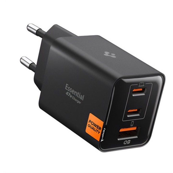 Spigen essential ee473eu hálózati töltő usb+2 type-c aljzat, 47w, pd gyorstöltő 3.0, fekete