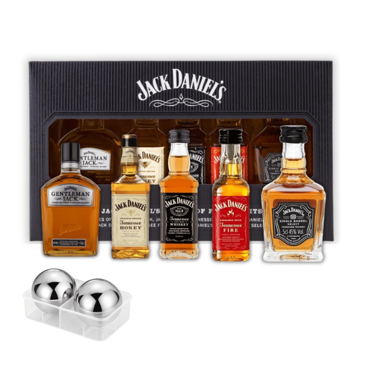 Set cadou Jack Daniel's miniaturi whisky Tennessee 5x50ml si 2 sfere gheata inox