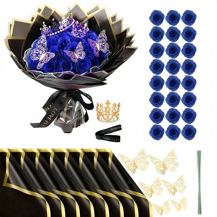 Buchet flori artificiale 24 trandafiri, YDCY, stil coroană albastră, interior