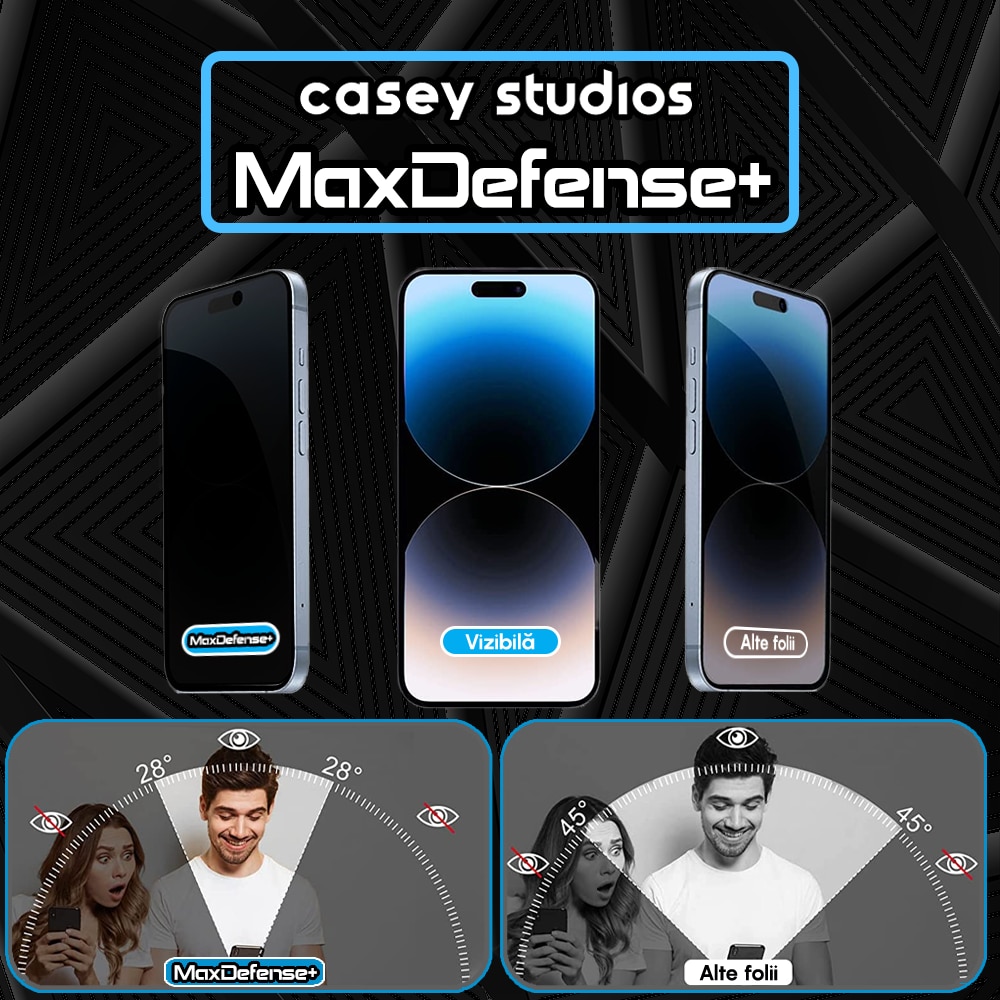 Folie Sticla Privacy CASEY STUDIOS™ compatibila cu iPhone 14 Pro Max, MaxDefense+ Privacy, Full Cover 3D, Full Glue, Sticla Securizata, Duritate Militara, Ultra HD, Protectie Profesionala Ecran 3D, Anti Zgarieturi, Anti Socuri, Negru