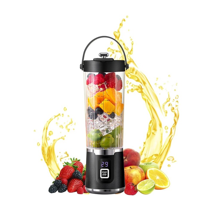 Blender portabil, BOMSTOM, Capacitate 500 ml, 10 Lame 3D Inox, 20000RPM, 200W, Ideal Smoothie la Sala, Birou, Calatorii, Camping, Fitness, Drumetii, Negru
