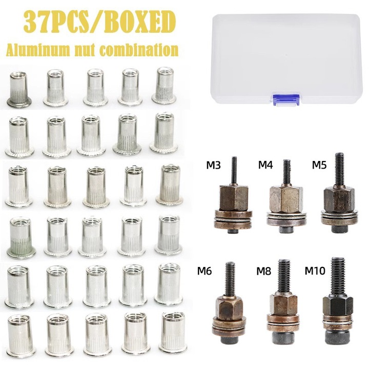 Kit 37 Piese Pistol pentru Nitui cu Filet (Rivnuts) - Set Complet cu Unealta Manuala, Capete M3-M10 si Nitui din Aluminiu