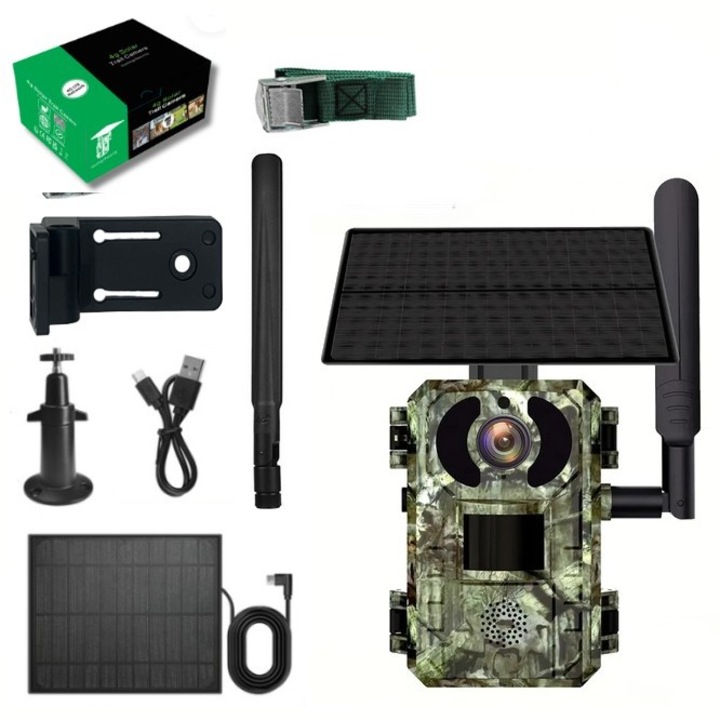 Camera de Vanatoare panou solar SkyTechs® Sim 4G, lentila 4MP, Rezolutie 2K, Trail camera camuflaj vedere nocturna activata prin miscare + 32GB SD card inclus